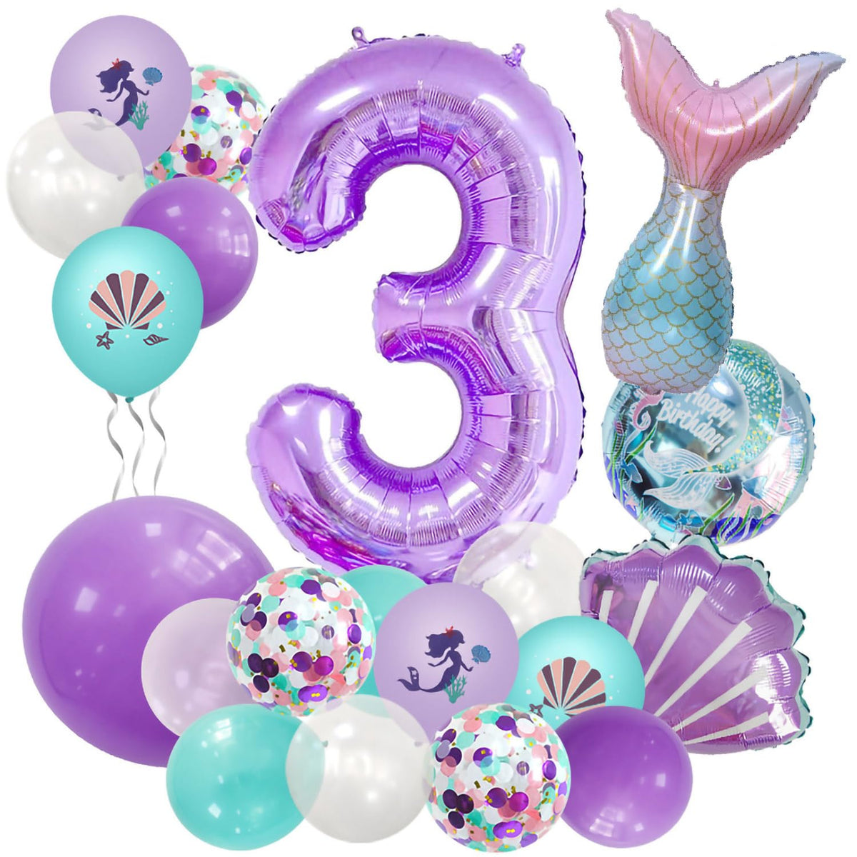 Purple Mermaid Number 3 Birthday Balloon Set – 40"