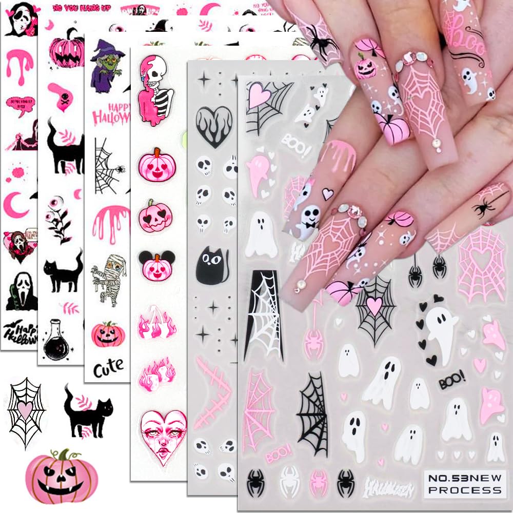 Spooky Cute Halloween Nail Art Stickers – Pink, Black & White 👻💅