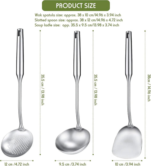 3 pcs, Anti-Scald Wok Spatula, Ladle and Large Slotted Spoon, Stainless Steel Wok Utensils All Metal, Utensils Skimmer Ladle Tool Set for Steel Cooking Baking, Dishwasher Safe, 15in, Kitchen Utensils, for Home, Canteen and Re