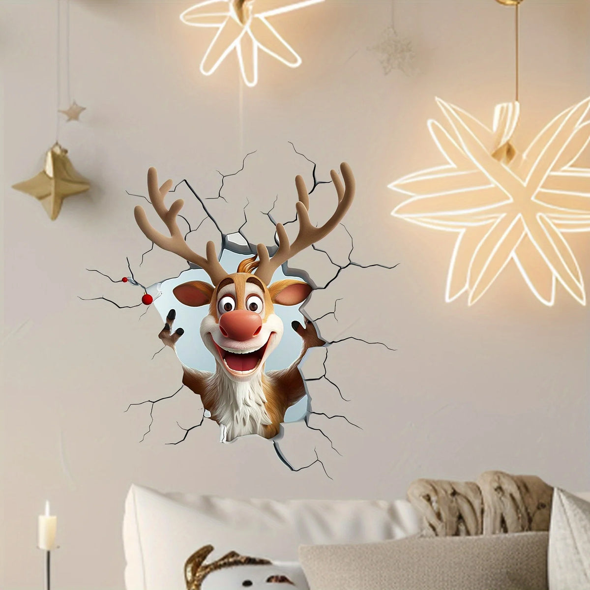 3D Christmas Wall Decals – Santa & Reindeer Breaking Through the Wall