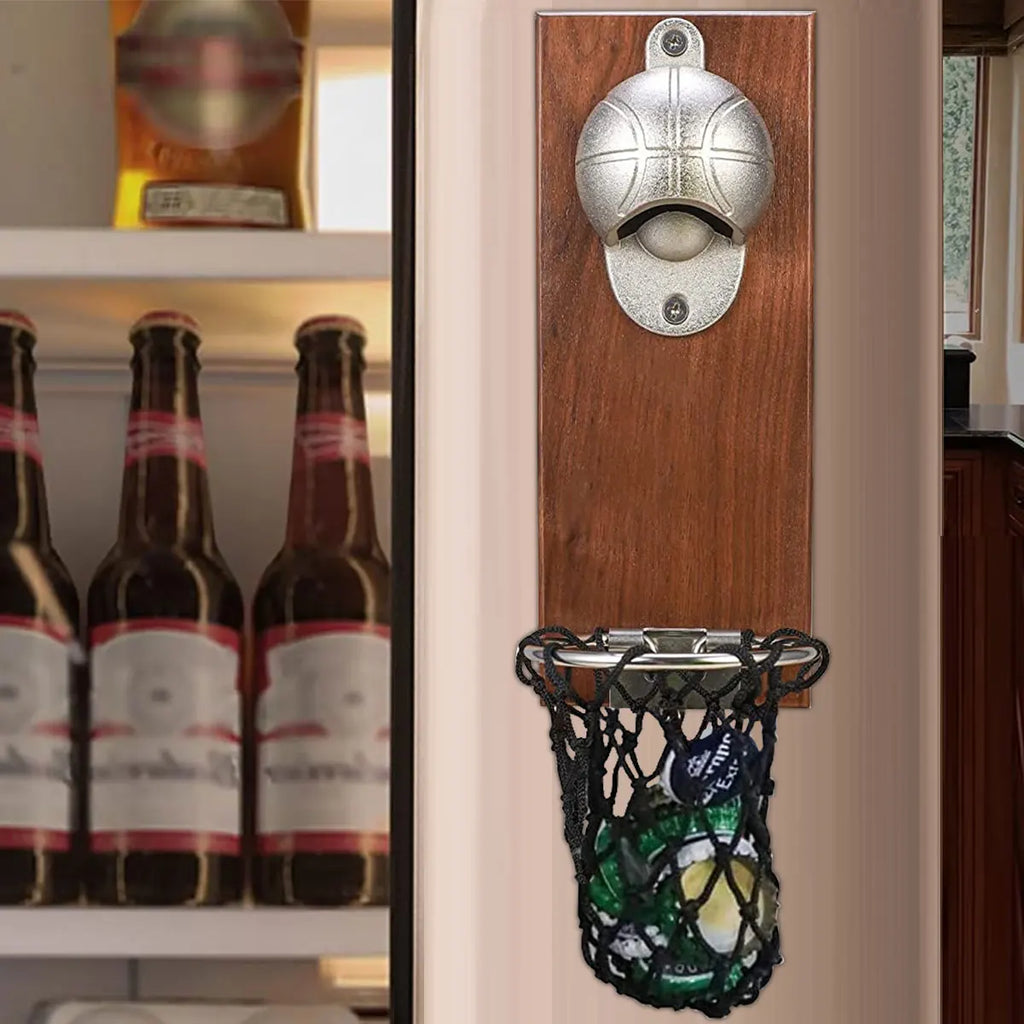 Wall-Mounted Bottle Opener with Cap Catcher – Rustic Wood Bar Accessory
