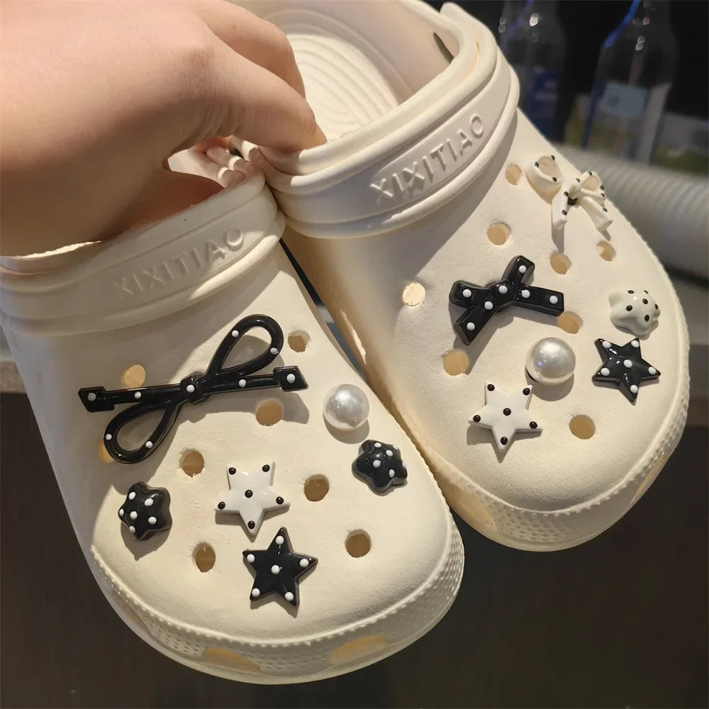 Black & White Shoe Charms – Bow, Star & Pearl Decorations for Clogs