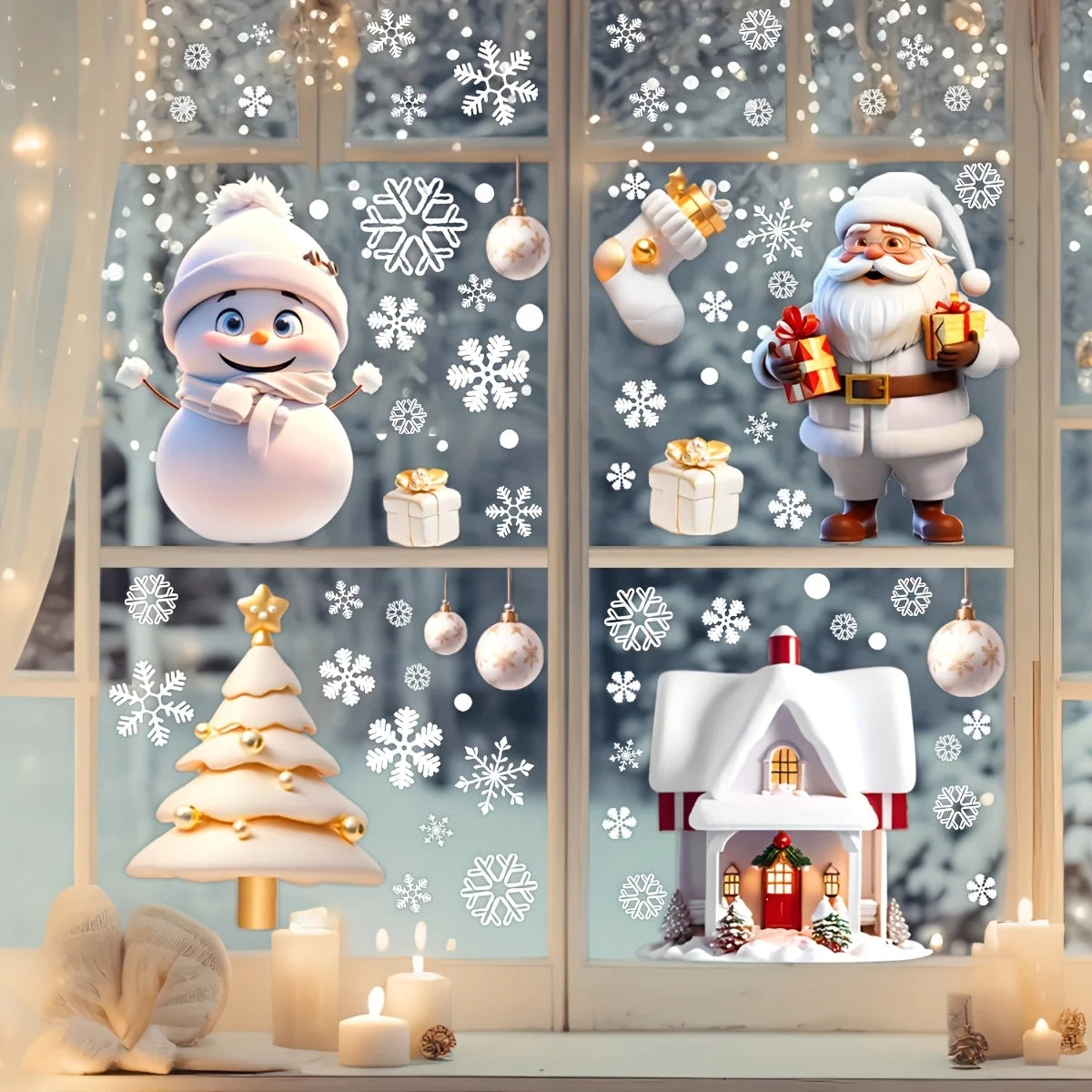 Christmas Window Cling Decorations – Santa, Snowman & Snowflakes Set
