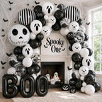 Black & White Halloween Balloon Arch Garland Kit – Ghost, Skeleton & BOO Party Decorations