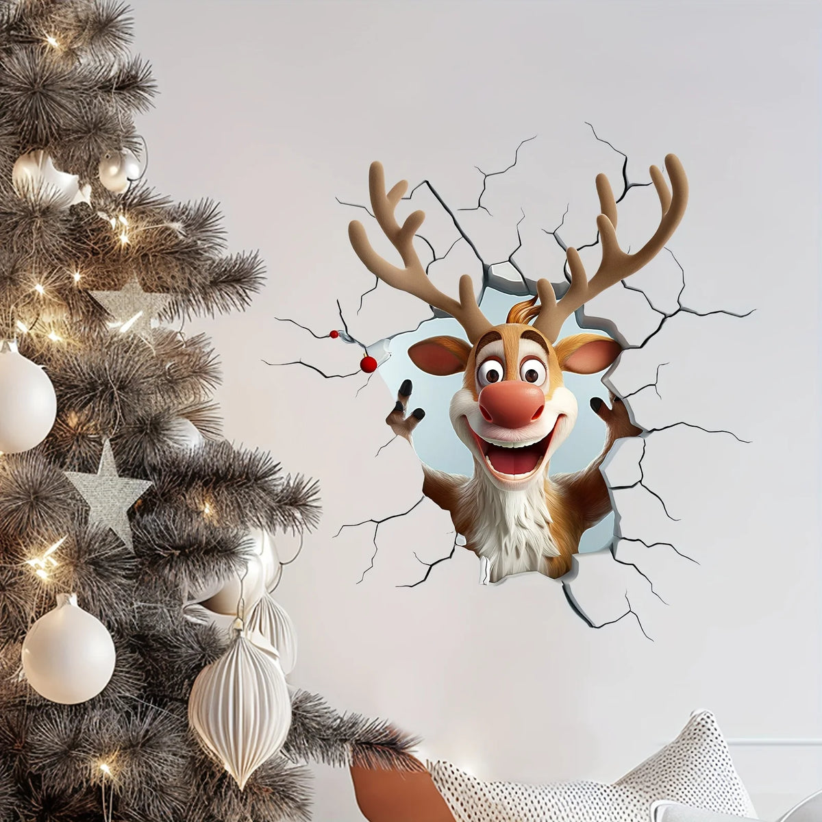 3D Christmas Wall Decals – Santa & Reindeer Breaking Through the Wall
