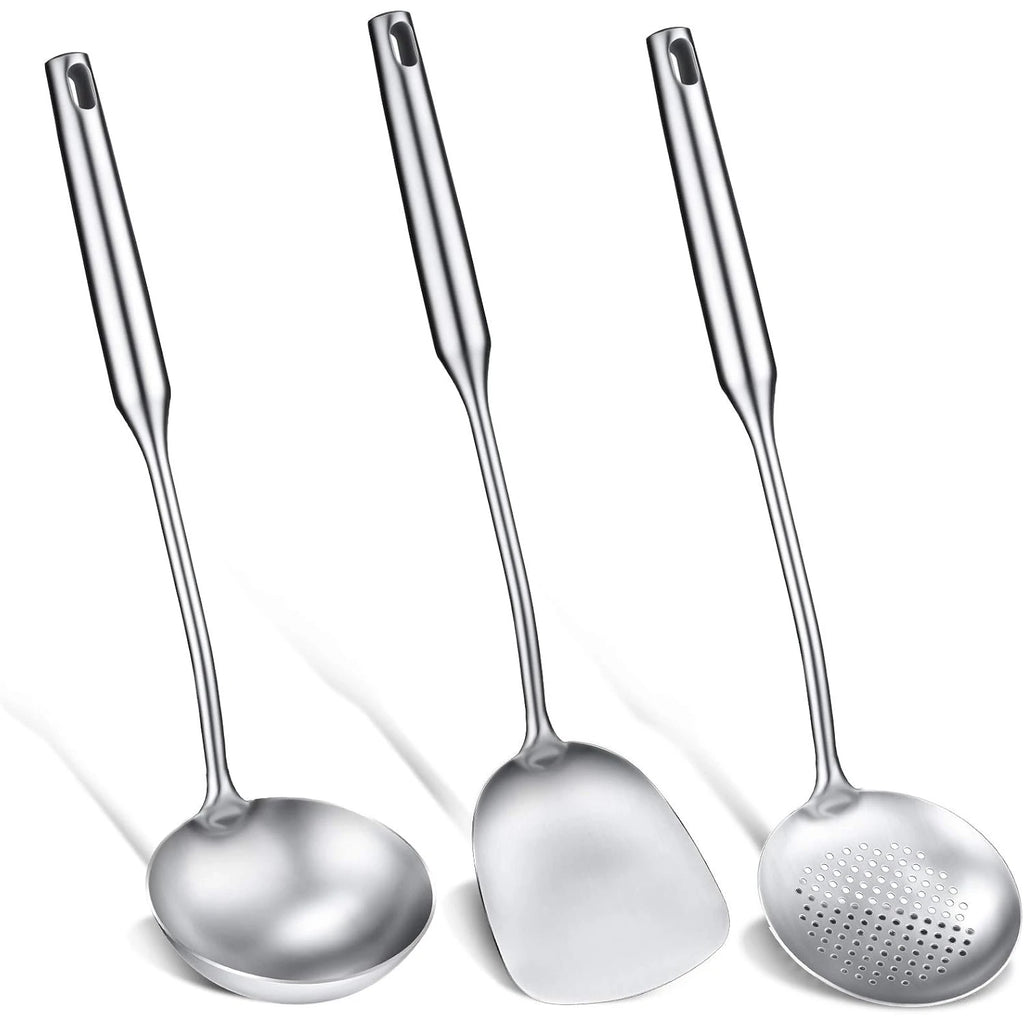 3 pcs, Anti-Scald Wok Spatula, Ladle and Large Slotted Spoon, Stainless Steel Wok Utensils All Metal, Utensils Skimmer Ladle Tool Set for Steel Cooking Baking, Dishwasher Safe, 15in, Kitchen Utensils, for Home, Canteen and Re