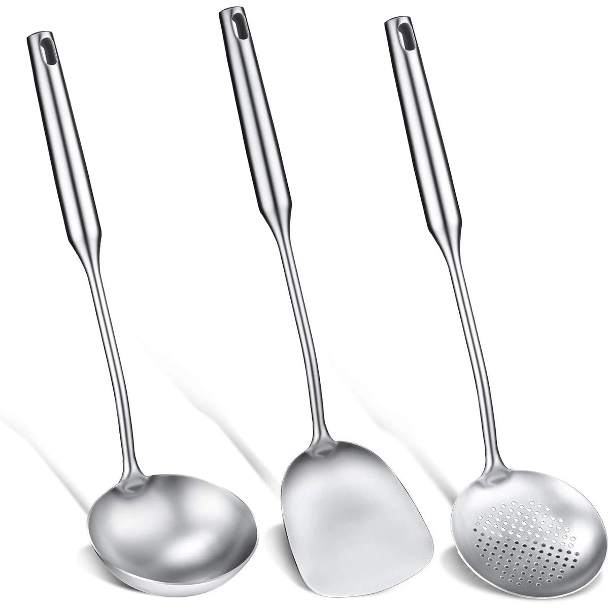 3 pcs, Anti-Scald Wok Spatula, Ladle and Large Slotted Spoon, Stainless Steel Wok Utensils All Metal, Utensils Skimmer Ladle Tool Set for Steel Cooking Baking, Dishwasher Safe, 15in, Kitchen Utensils, for Home, Canteen and Re