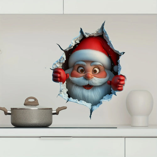 3D Christmas Wall Decals – Santa & Reindeer Breaking Through the Wall
