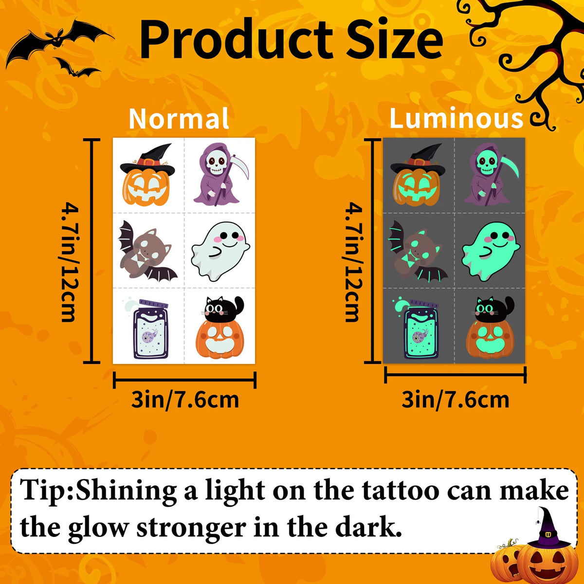 Glow-in-the-Dark Halloween Temporary Tattoos – 36 Sheets, 55 Designs