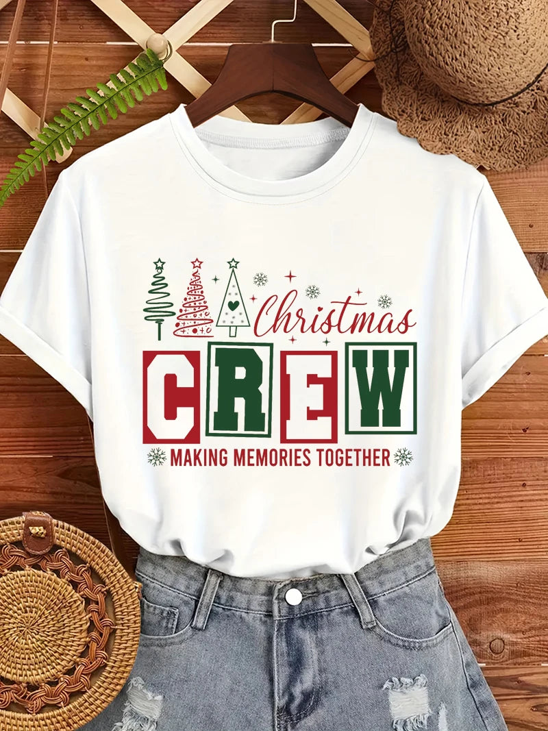 Christmas Crew Making Memories Together Print T-Shirts Trendy Fashion Tee Shirts Short Sleeve Tshirts Holiday Party T-Shirt Gift