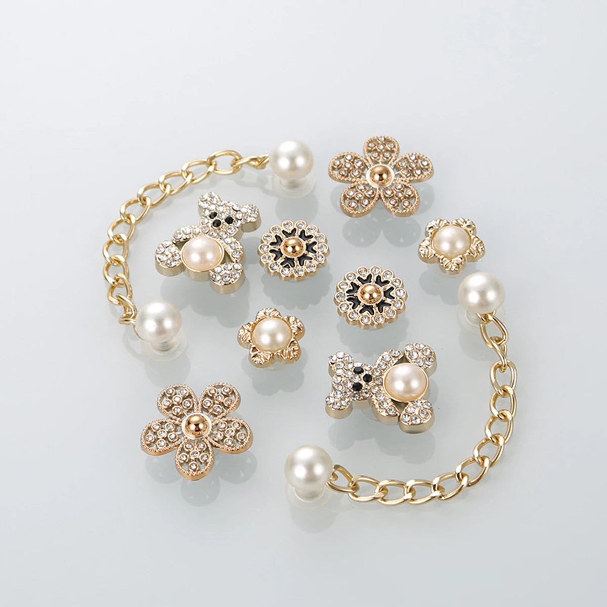 Pearl & Rhinestone Shoe Charm Sets – Glam Clog Accessories with Chains, Butterflies & Flowers