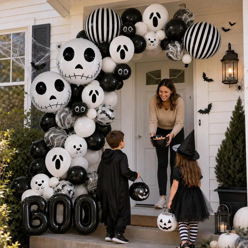 Black & White Halloween Balloon Arch Garland Kit – Ghost, Skeleton & BOO Party Decorations