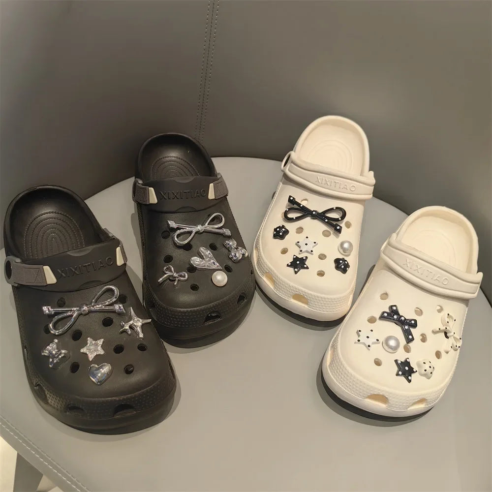 Black & White Shoe Charms – Bow, Star & Pearl Decorations for Clogs
