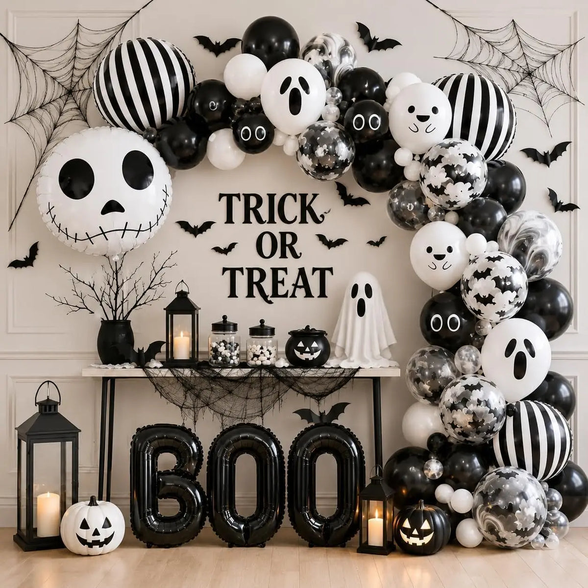 Black & White Halloween Balloon Arch Garland Kit – Ghost, Skeleton & BOO Party Decorations