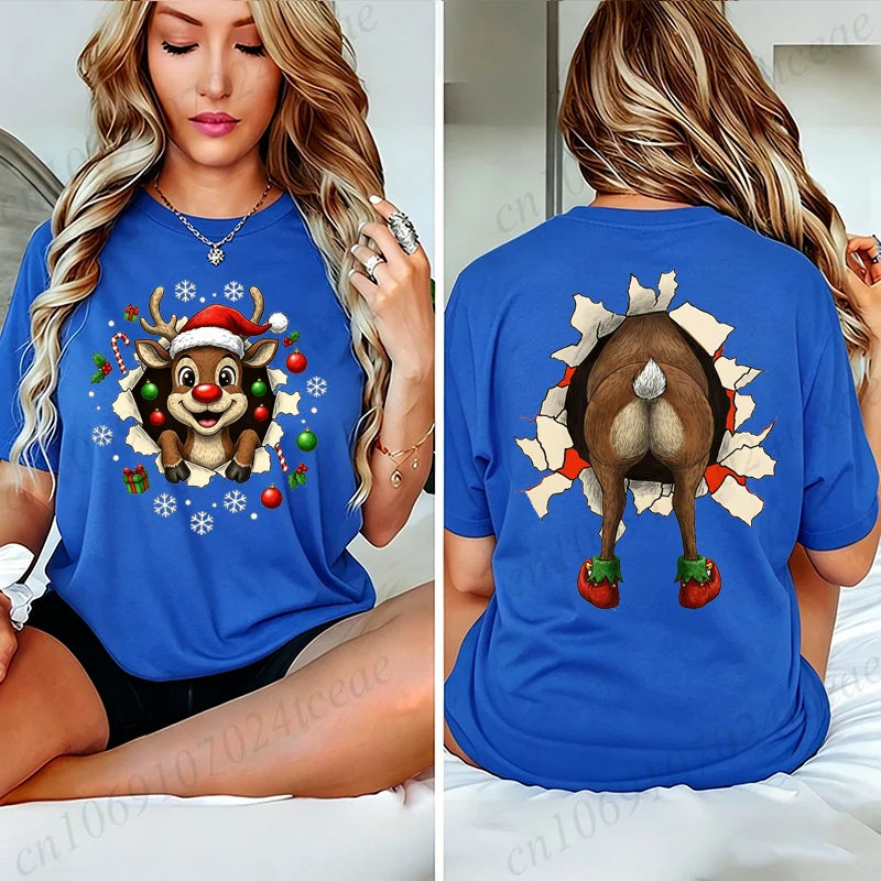 Christmas Reindeer Print T-shirt Women Harajuku Sleeve Casual Clothing Street Tops Tees Funny Xmas Aesthetic Clothes Gifts