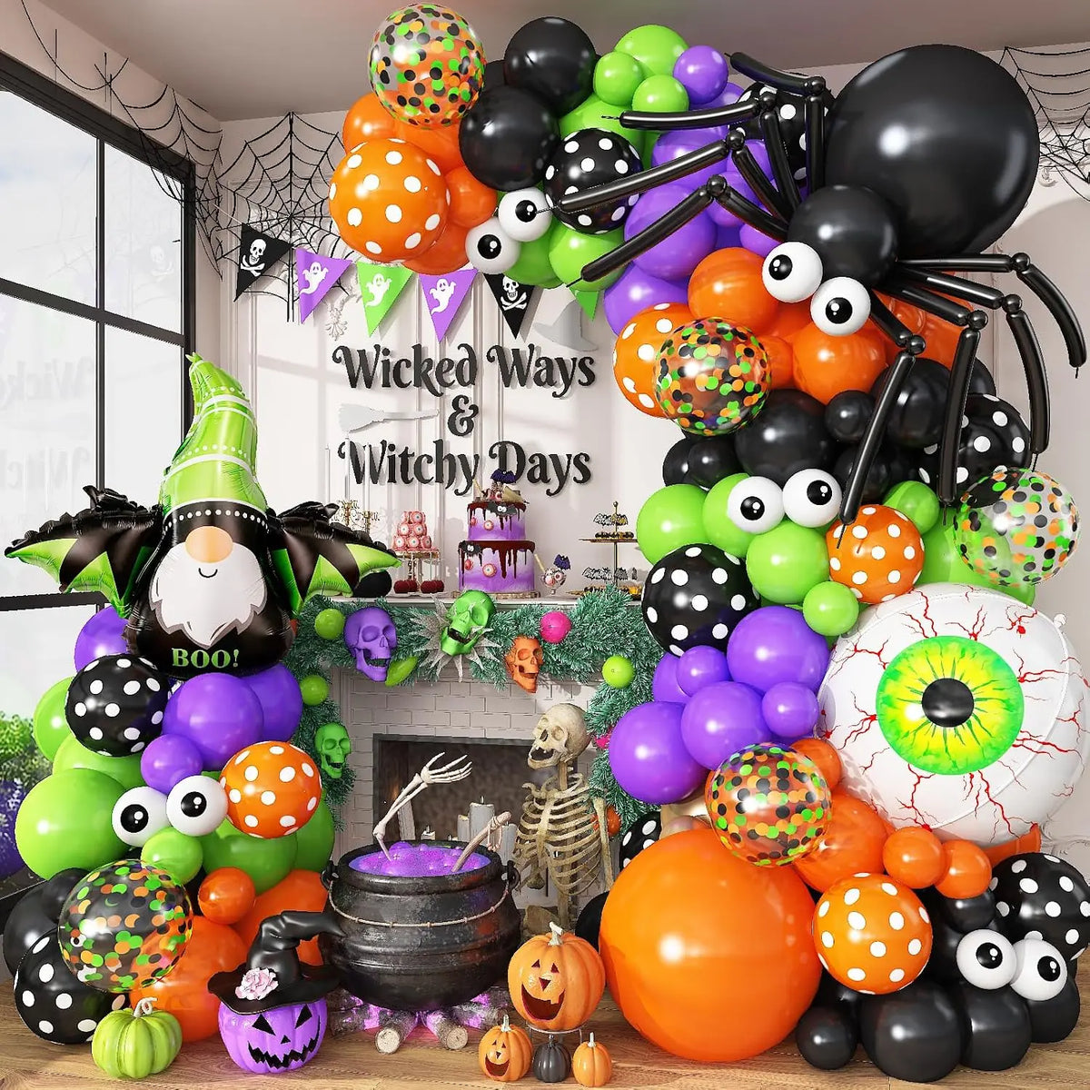 Black & White Halloween Balloon Arch Garland Kit – Ghost, Skeleton & BOO Party Decorations