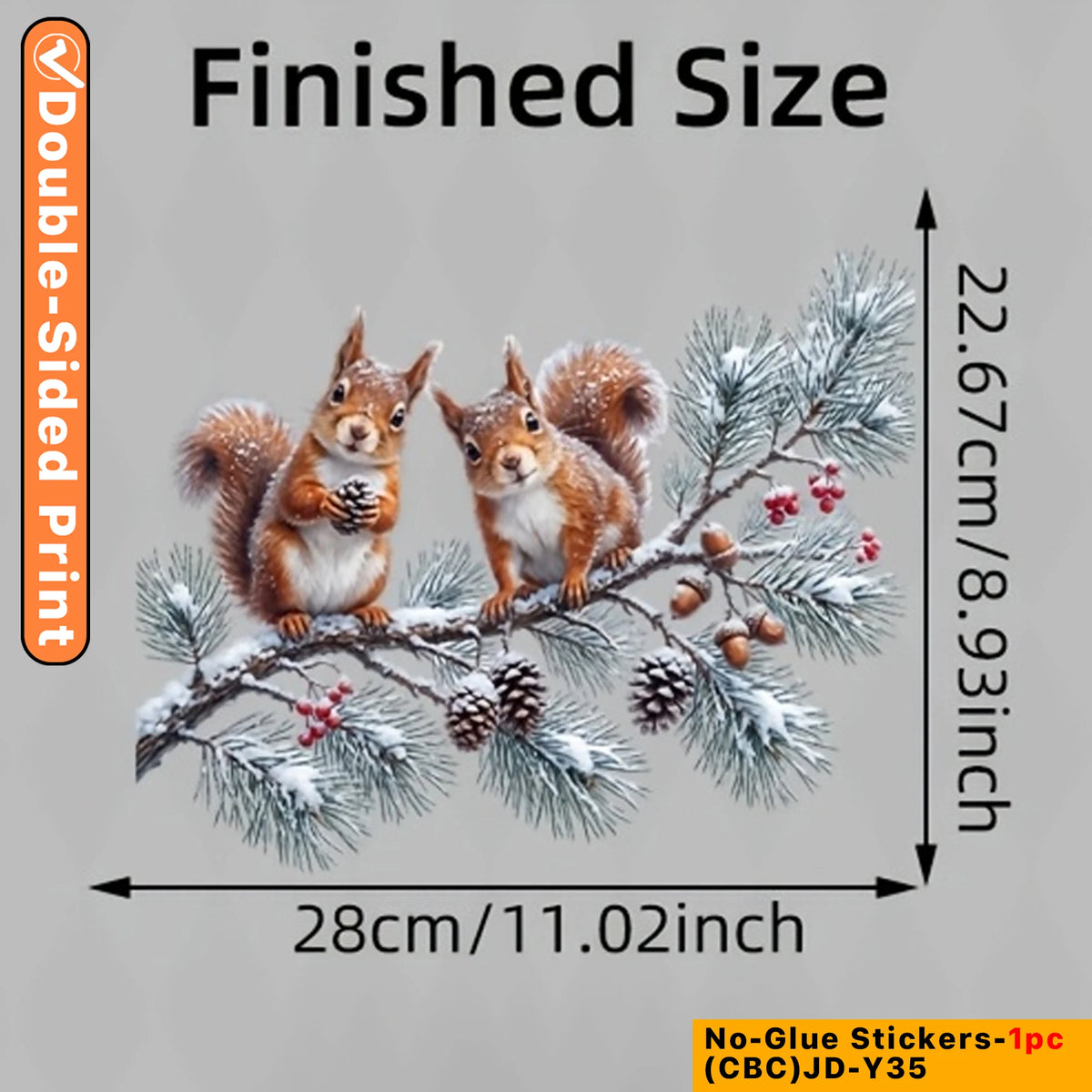 Winter Squirrel Window Cling – Snowy Pine Branch & Red Berry Decoration
