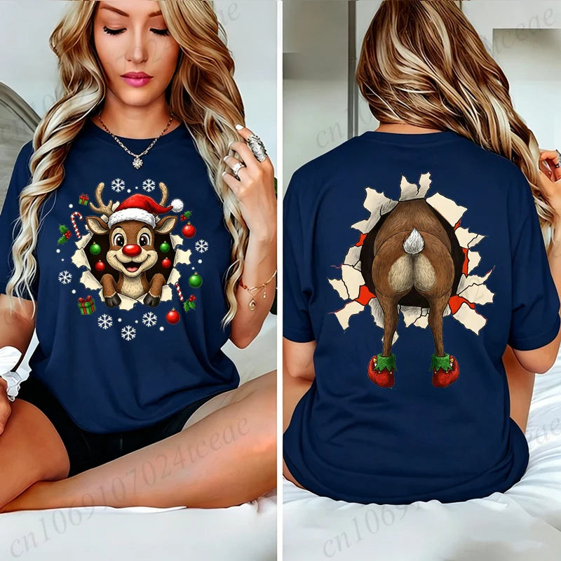 Christmas Reindeer Print T-shirt Women Harajuku Sleeve Casual Clothing Street Tops Tees Funny Xmas Aesthetic Clothes Gifts