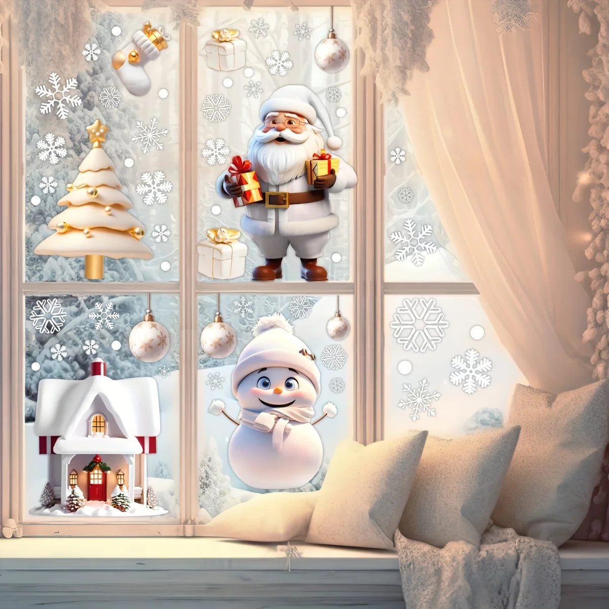 Christmas Window Cling Decorations – Santa, Snowman & Snowflakes Set
