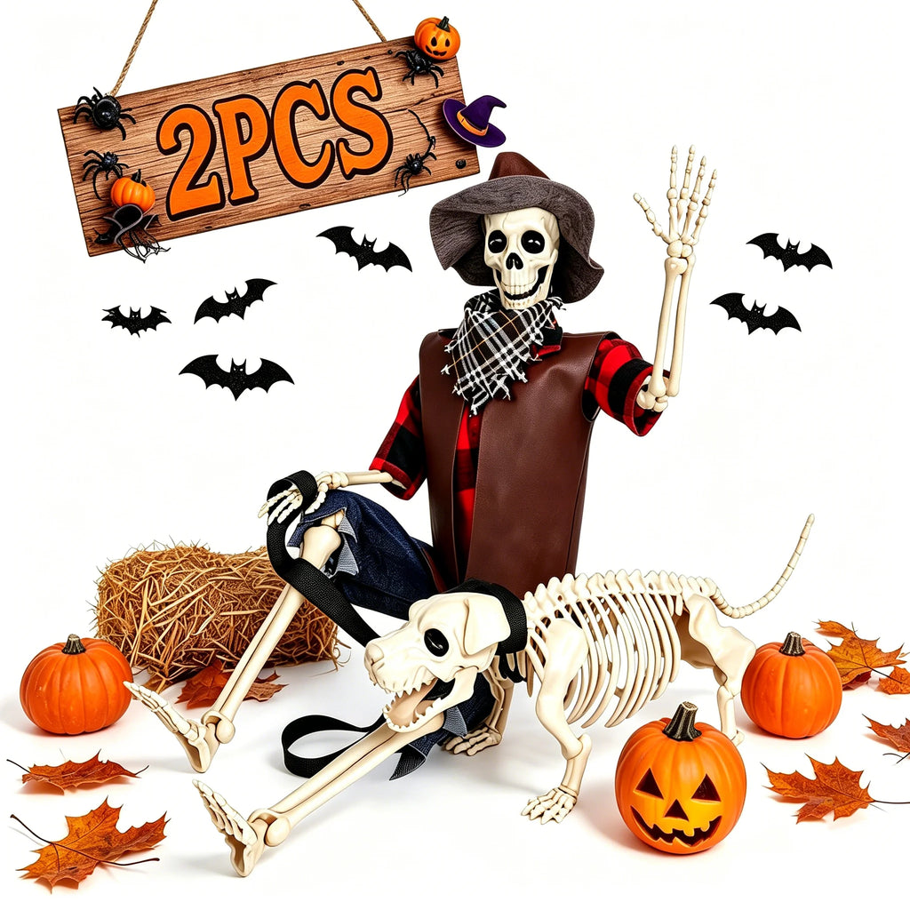 36" Posable Cowboy Skeleton & Dog Halloween Yard Decor 💀🐶🤠