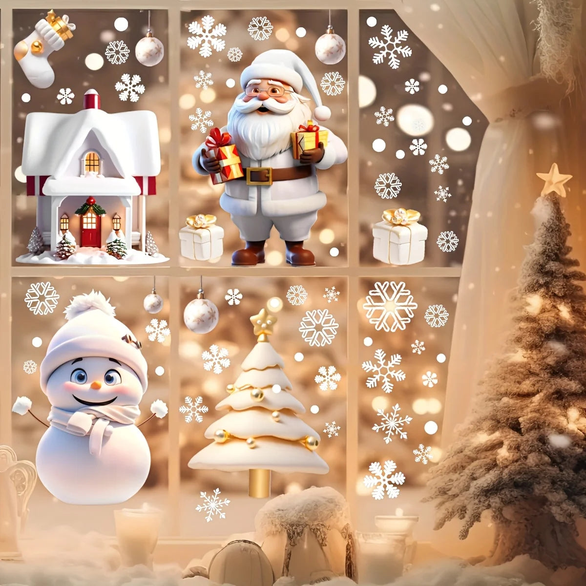 Christmas Window Cling Decorations – Santa, Snowman & Snowflakes Set