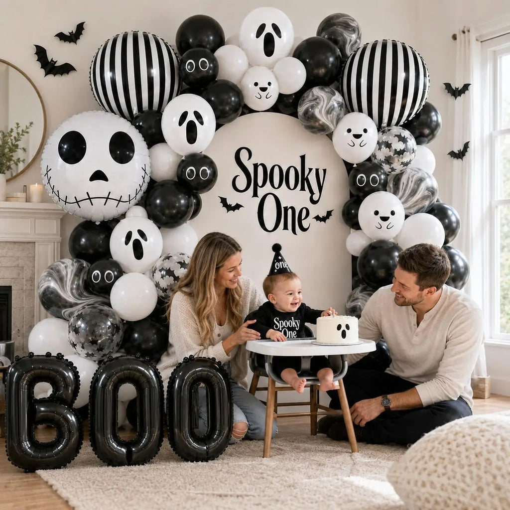 Black & White Halloween Balloon Arch Garland Kit – Ghost, Skeleton & BOO Party Decorations
