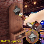 Wall-Mounted Bottle Opener with Cap Catcher – Rustic Wood Bar Accessory