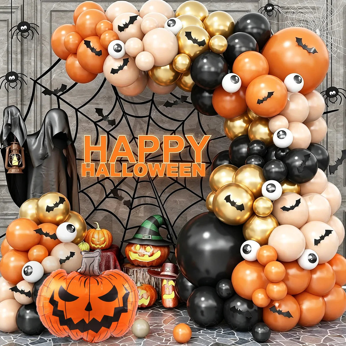 132-Piece Halloween Balloon Arch Kit – Orange, Black, Gold & Cream 🎃