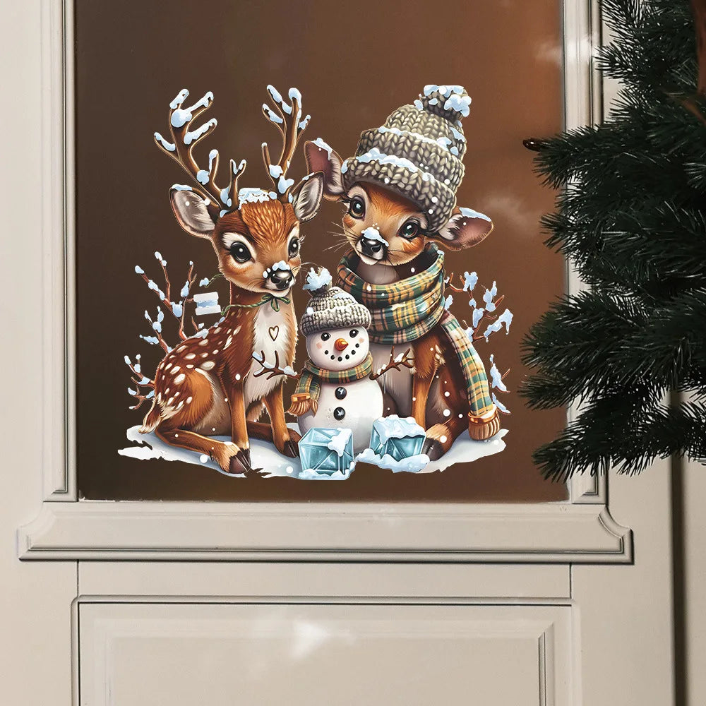 Christmas Reindeer & Snowman Wall Decal – Cozy Winter Woodland Scene