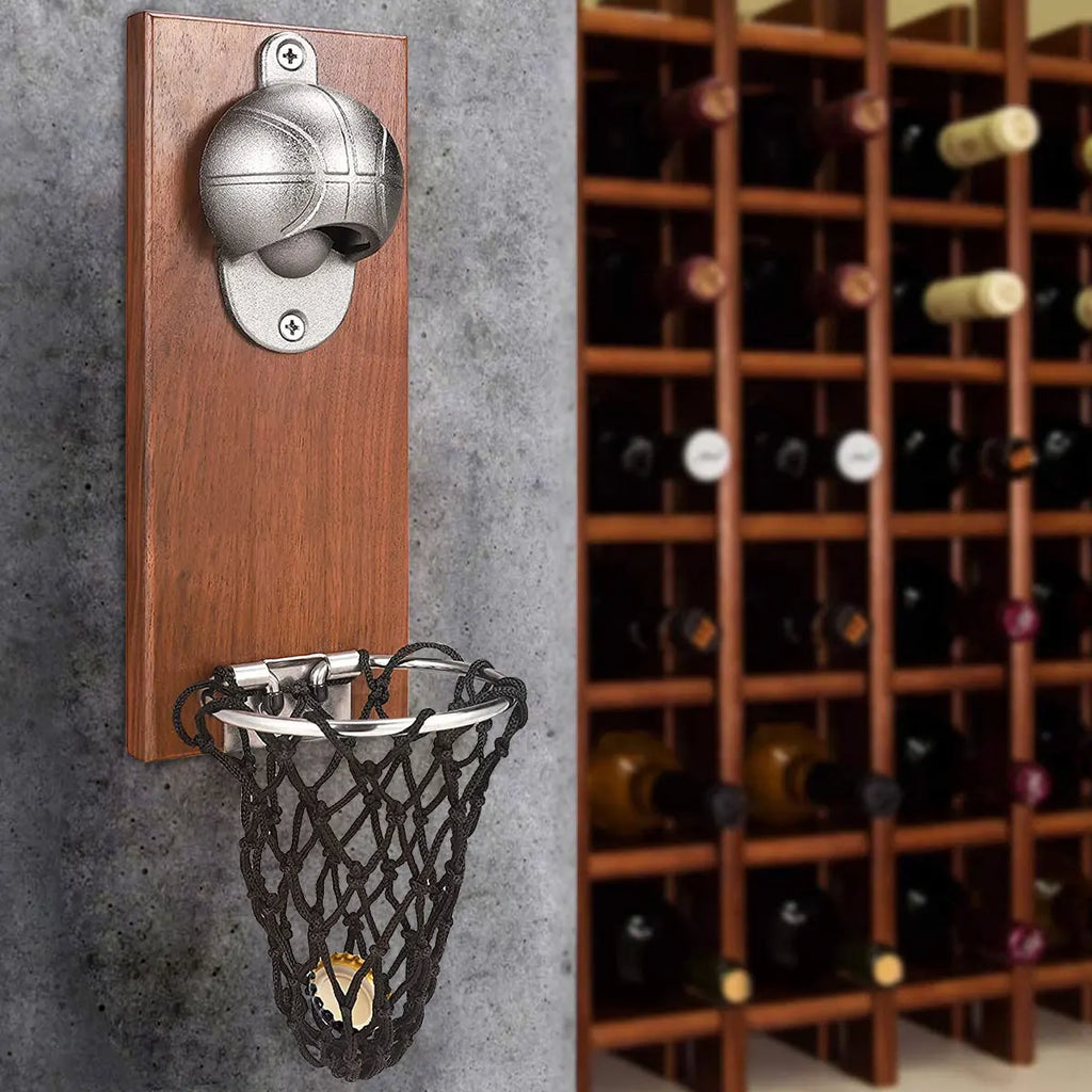 Wall-Mounted Bottle Opener with Cap Catcher – Rustic Wood Bar Accessory
