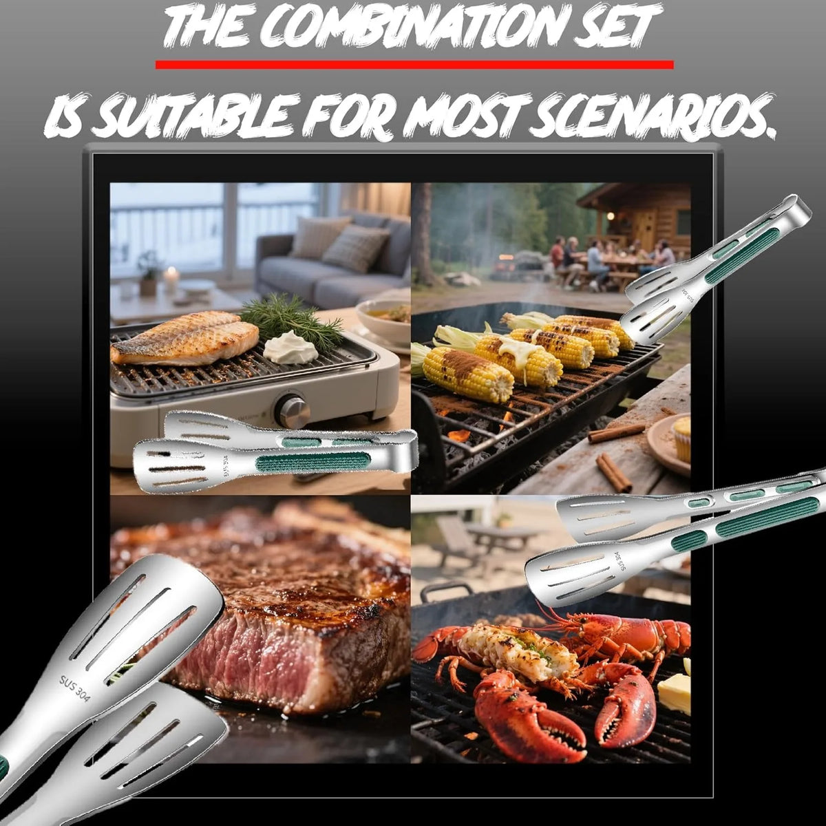7/9/11Inch  Anti-Slip 304Stainless Steel Kitchen Food Tongs Bread Seng Clip Barbecue Cooking Accessories