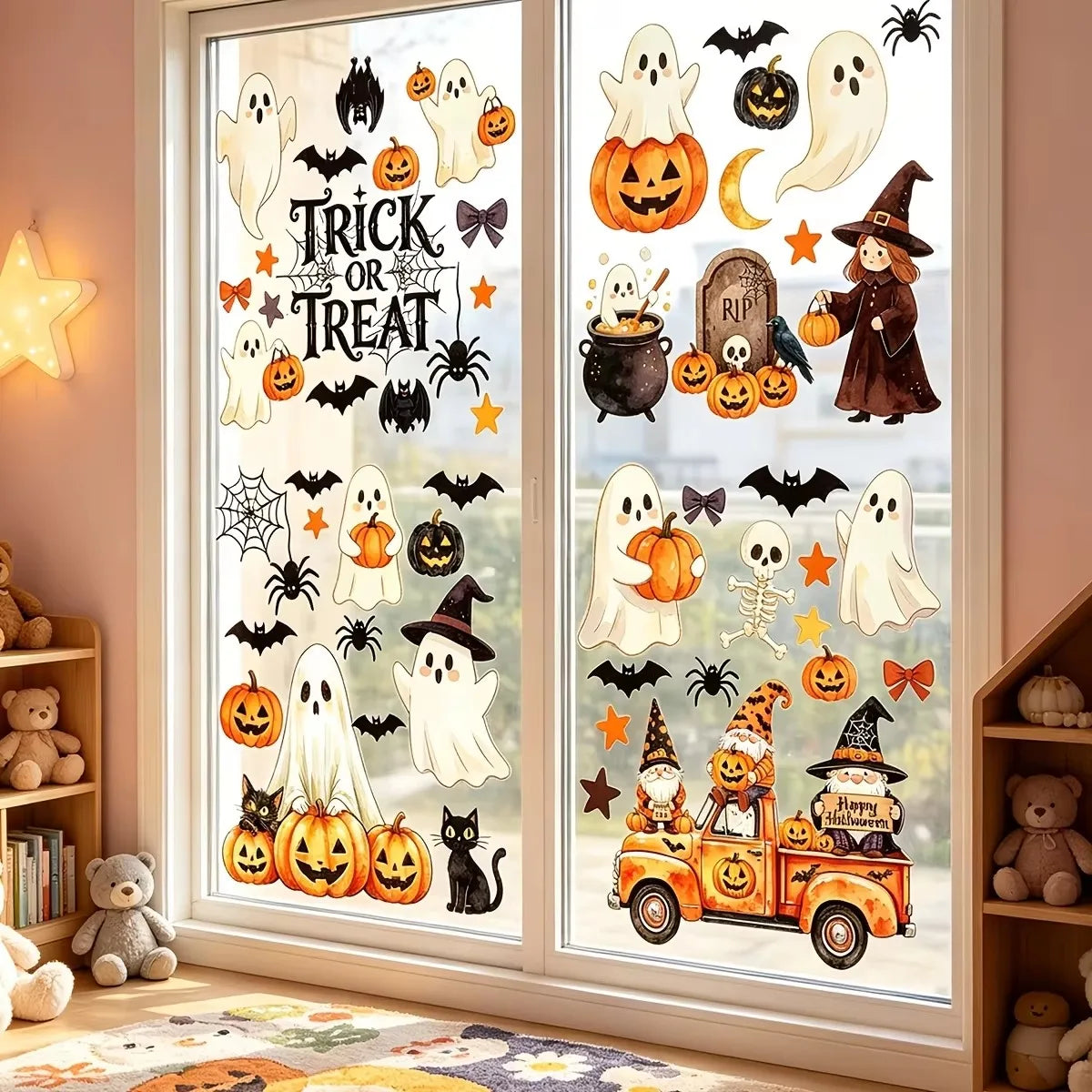 6-Sheet Halloween Window Cling Set – Ghosts, Pumpkins & Trick-or-Treat Decor