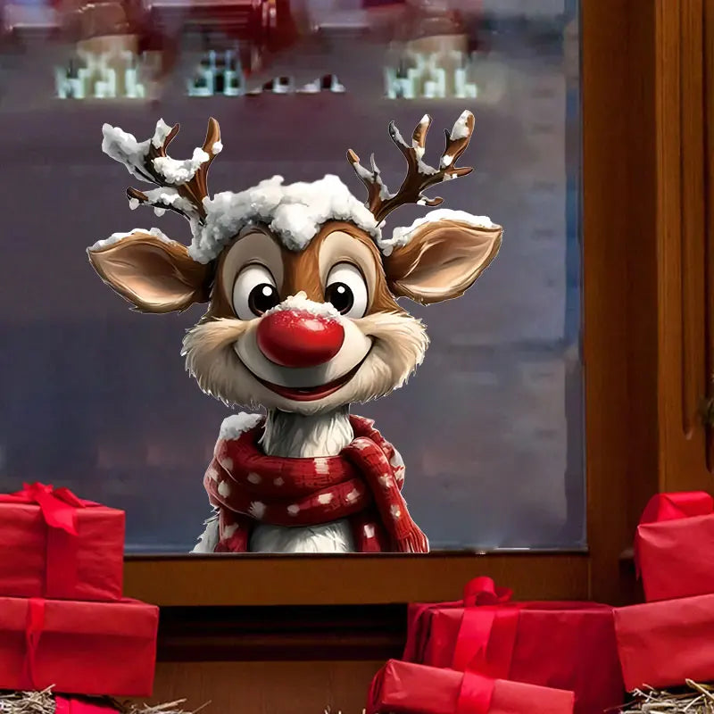 Peeking Christmas Reindeer Window Sticker – Cute Rudolph Holiday Decal