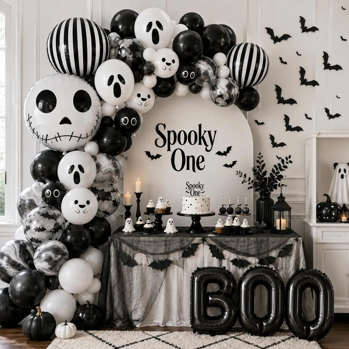 Black & White Halloween Balloon Arch Garland Kit – Ghost, Skeleton & BOO Party Decorations