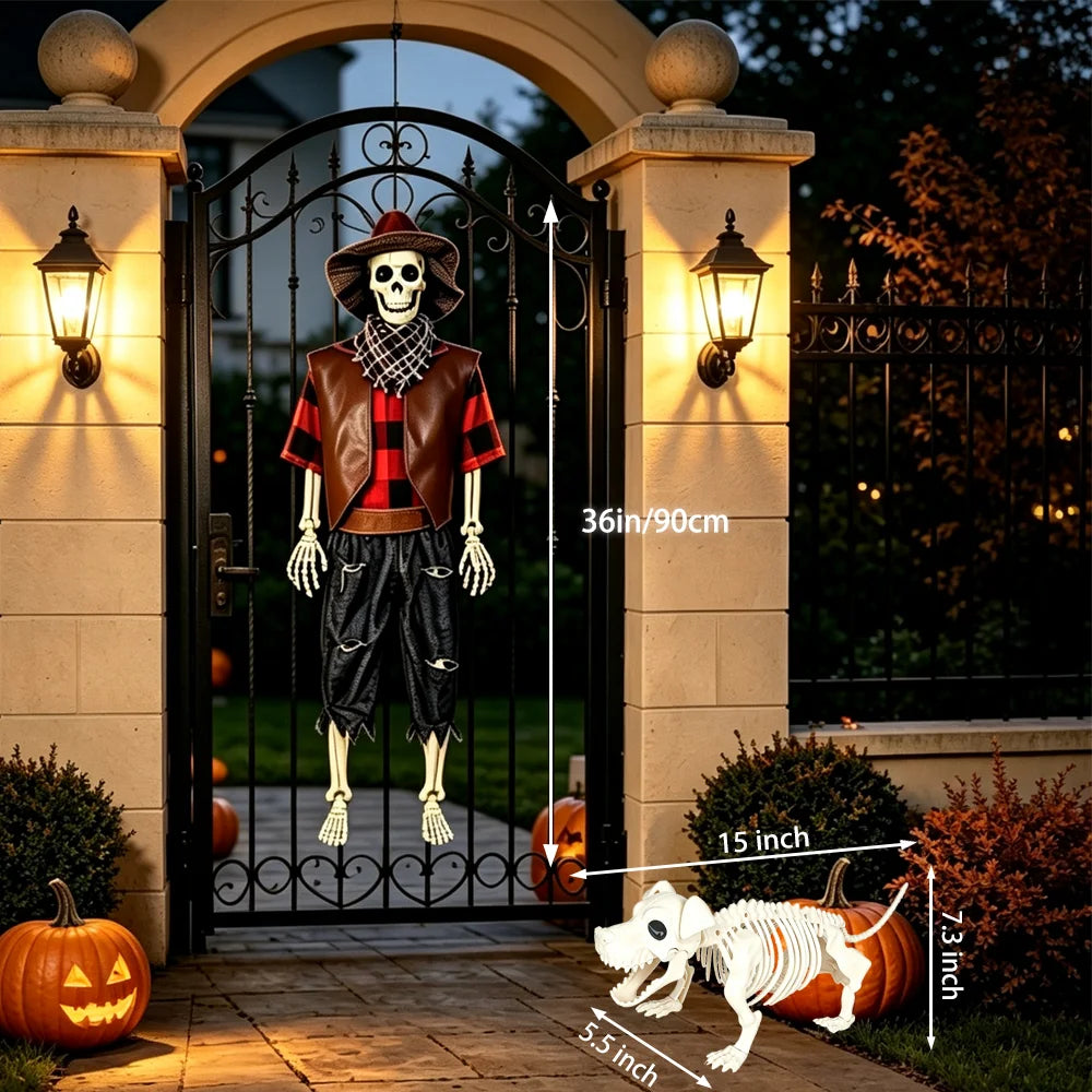 36" Posable Cowboy Skeleton & Dog Halloween Yard Decor 💀🐶🤠