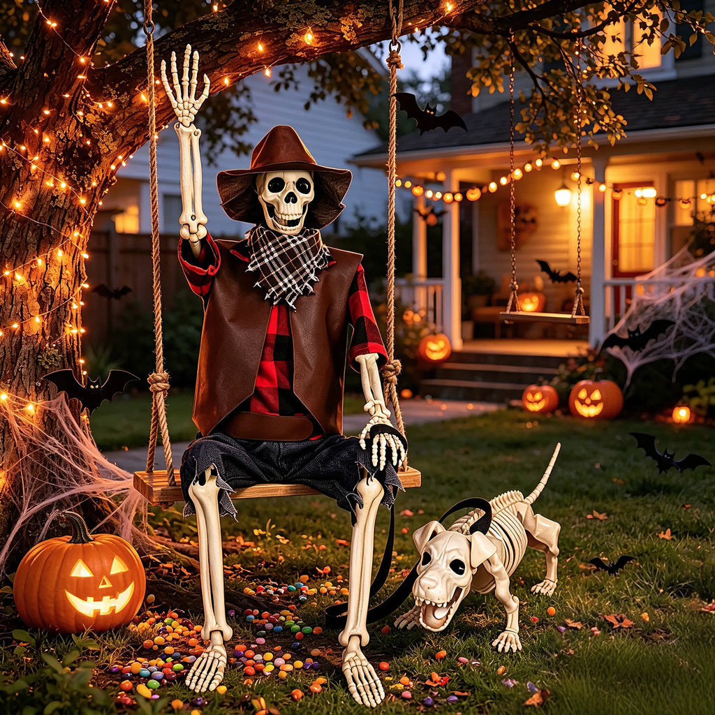 36" Posable Cowboy Skeleton & Dog Halloween Yard Decor 💀🐶🤠