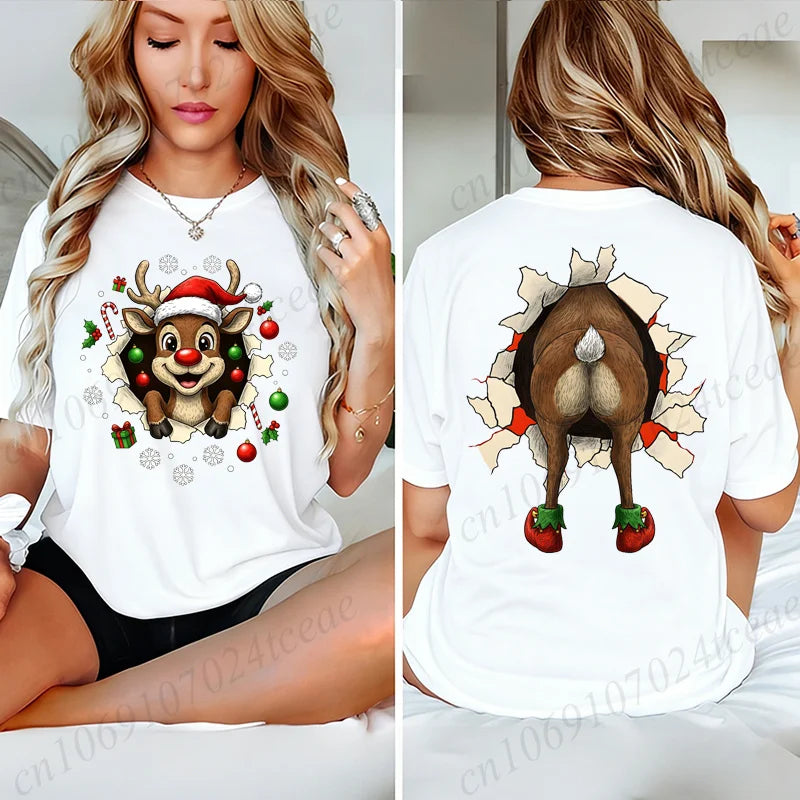 Christmas Reindeer Print T-shirt Women Harajuku Sleeve Casual Clothing Street Tops Tees Funny Xmas Aesthetic Clothes Gifts