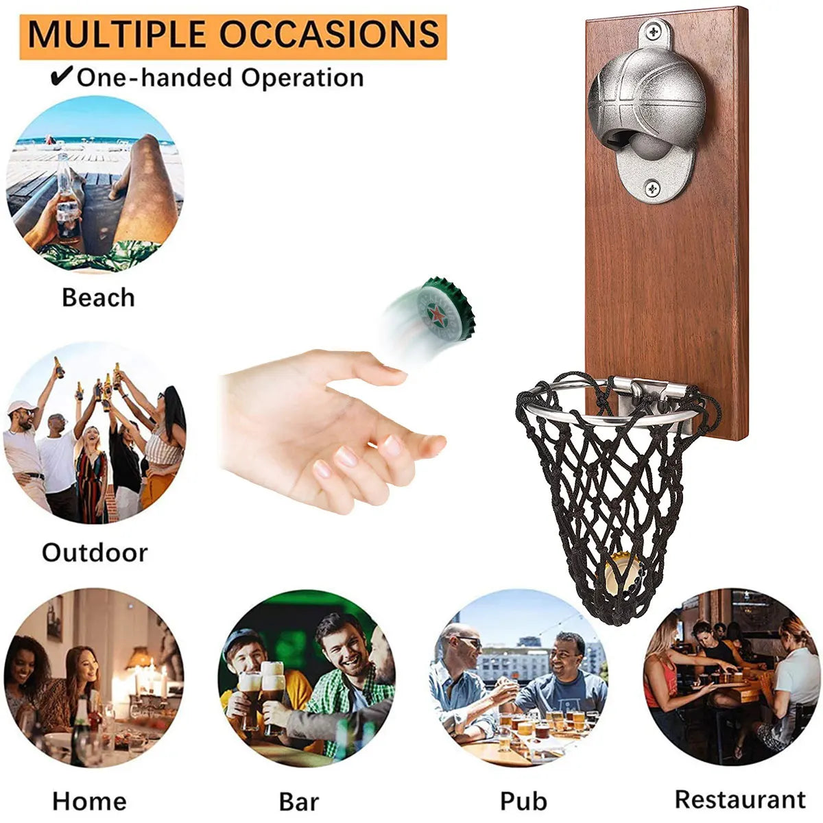 Wall-Mounted Bottle Opener with Cap Catcher – Rustic Wood Bar Accessory