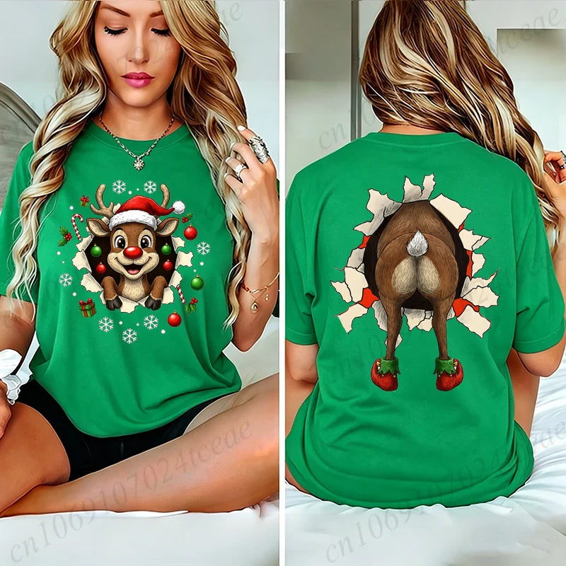 Christmas Reindeer Print T-shirt Women Harajuku Sleeve Casual Clothing Street Tops Tees Funny Xmas Aesthetic Clothes Gifts