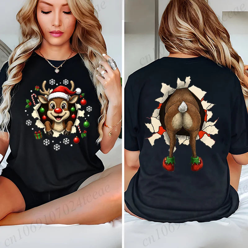 Christmas Reindeer Print T-shirt Women Harajuku Sleeve Casual Clothing Street Tops Tees Funny Xmas Aesthetic Clothes Gifts