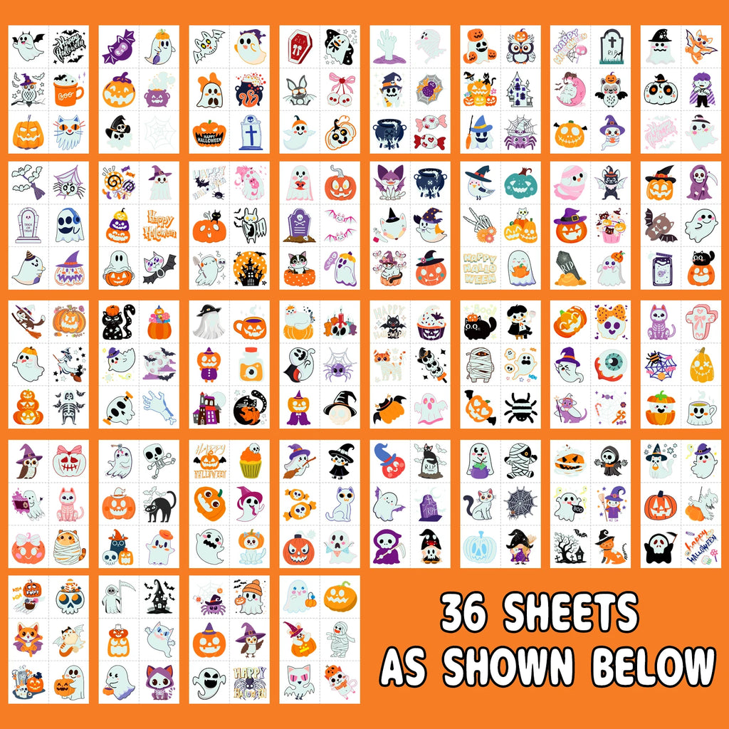 Glow-in-the-Dark Halloween Temporary Tattoos – 36 Sheets, 55 Designs