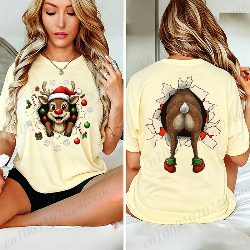 Christmas Reindeer Print T-shirt Women Harajuku Sleeve Casual Clothing Street Tops Tees Funny Xmas Aesthetic Clothes Gifts