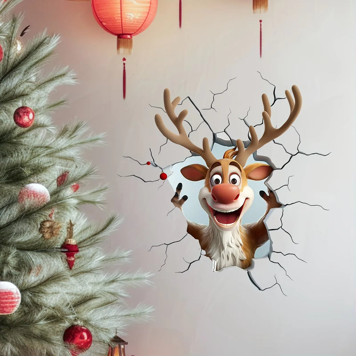 3D Christmas Wall Decals – Santa & Reindeer Breaking Through the Wall