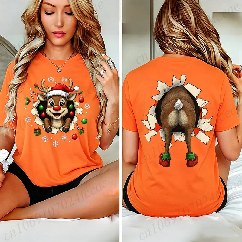 Christmas Reindeer Print T-shirt Women Harajuku Sleeve Casual Clothing Street Tops Tees Funny Xmas Aesthetic Clothes Gifts