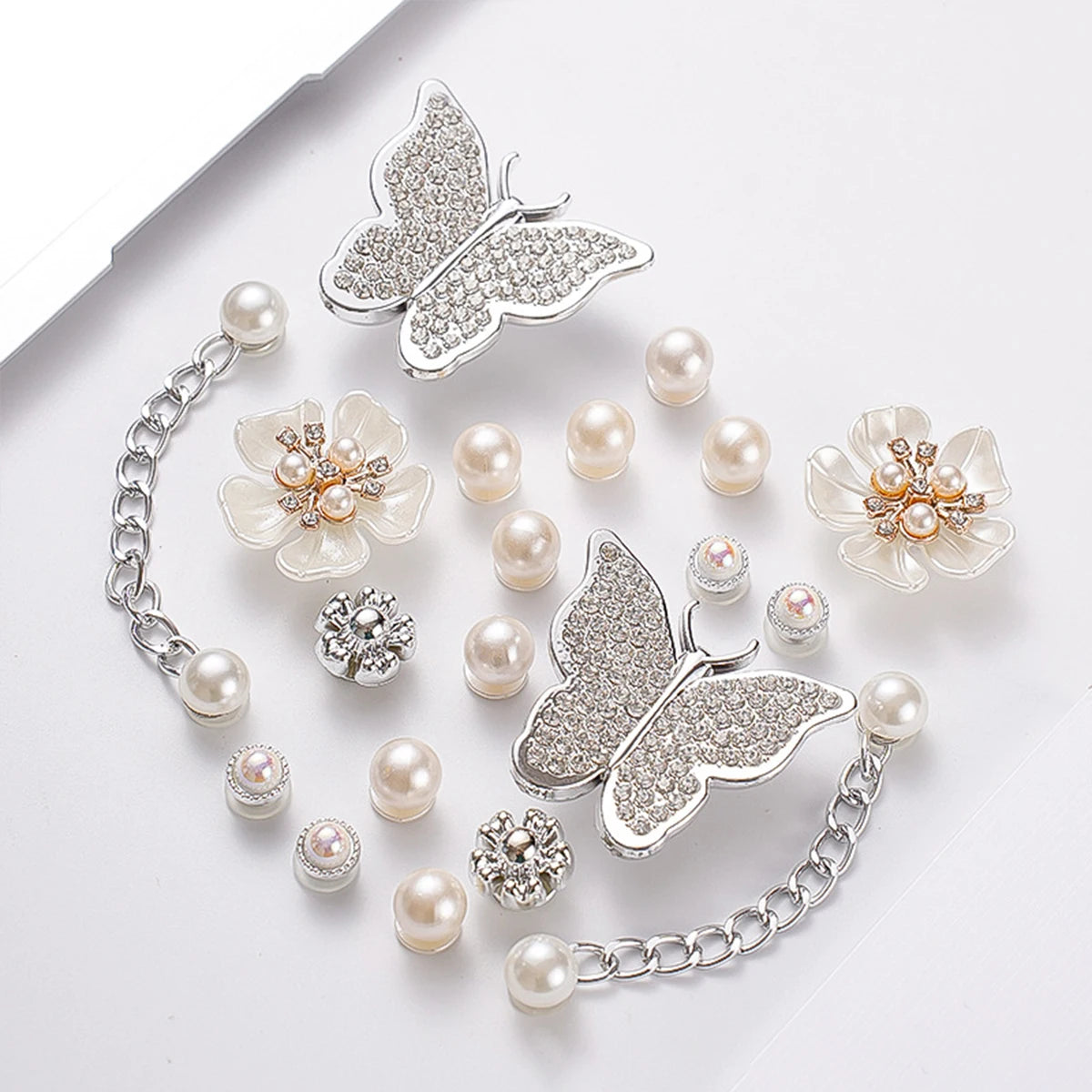 Pearl & Rhinestone Shoe Charm Sets – Glam Clog Accessories with Chains, Butterflies & Flowers