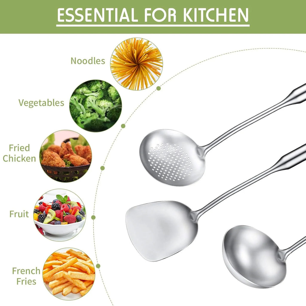 3 pcs, Anti-Scald Wok Spatula, Ladle and Large Slotted Spoon, Stainless Steel Wok Utensils All Metal, Utensils Skimmer Ladle Tool Set for Steel Cooking Baking, Dishwasher Safe, 15in, Kitchen Utensils, for Home, Canteen and Re