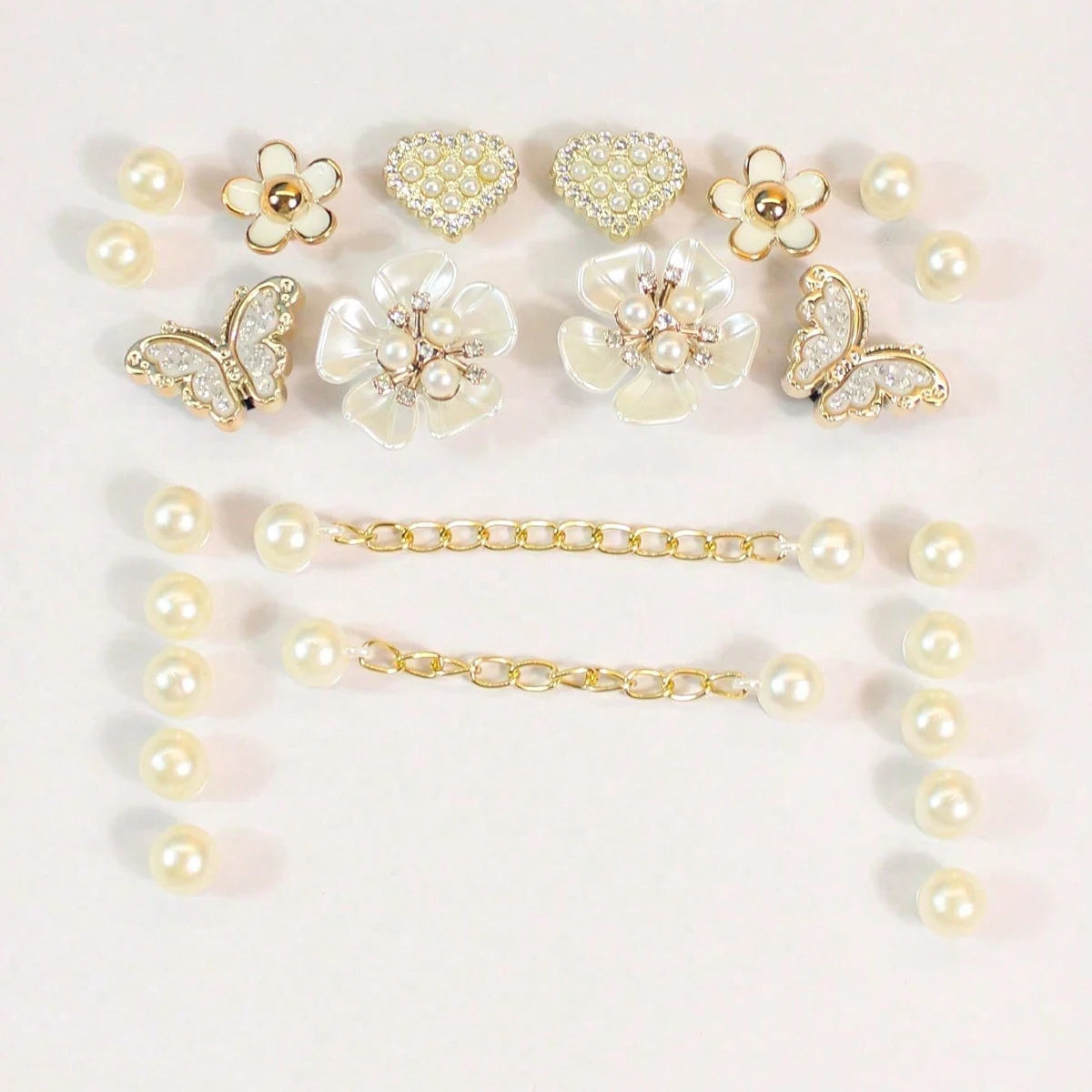 Pearl & Rhinestone Shoe Charm Sets – Glam Clog Accessories with Chains, Butterflies & Flowers