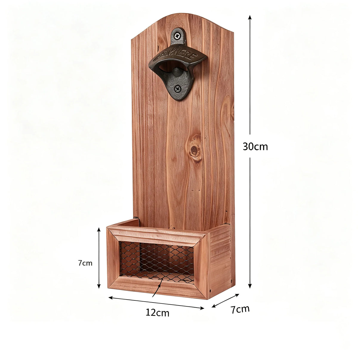 Wall-Mounted Bottle Opener with Cap Catcher – Rustic Wood Bar Accessory