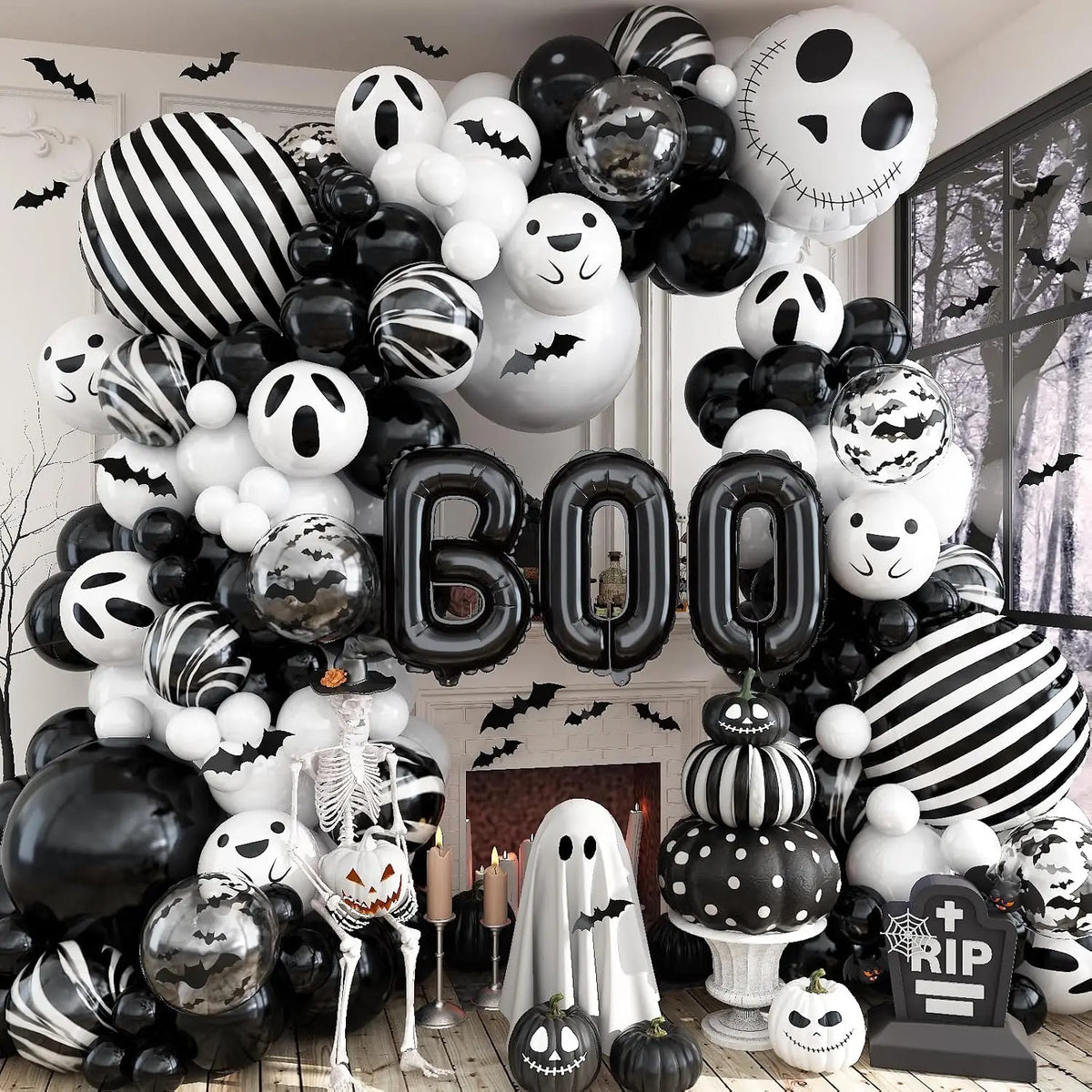 Black & White Halloween Balloon Arch Garland Kit – Ghost, Skeleton & BOO Party Decorations