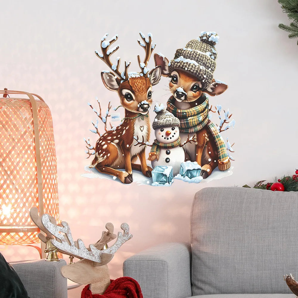 Christmas Reindeer & Snowman Wall Decal – Cozy Winter Woodland Scene